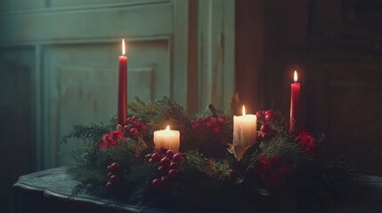 Wall Mural - Studio setup featuring a wreath made with spruce, juniper, ivy, rose hips, and candles