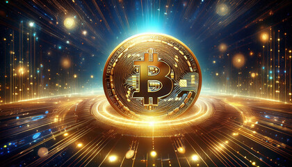 Poster - 3D rendered golden coin with intricate blockchain designs, surrounded by swirling aura of light and energy, symbolizes digital currency revolution