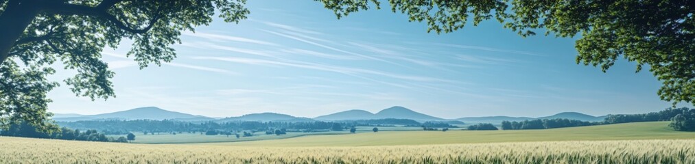 Wall Mural - A serene landscape featuring rolling hills, fields, and a clear blue sky.