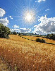 Wall Mural - A sunlit landscape with golden wheat fields under a bright blue sky and fluffy clouds.