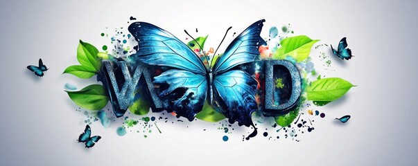 Wall Mural - A vibrant blue butterfly surrounded by green leaves and colorful splashes, emphasizing nature.