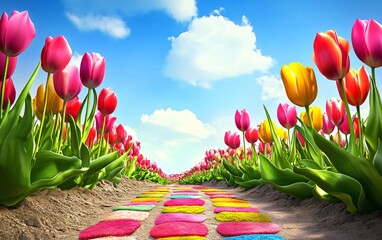 Canvas Print - A vibrant pathway lined with colorful tulips under a bright sky.