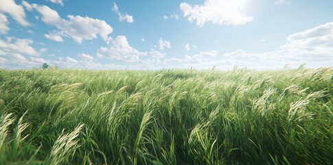 Wall Mural - A serene landscape of tall grass swaying under a bright blue sky with fluffy clouds.