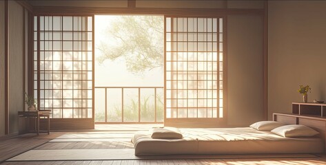 Wall Mural - Serene Japanese Bedroom With Sliding Doors And Sunlit View