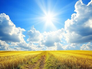 Wall Mural - A bright field under a sunny sky with clouds, depicting a serene landscape.