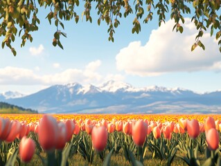 Wall Mural - A vibrant field of tulips with mountains in the background under a clear blue sky.