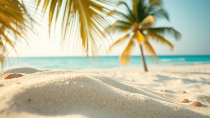 Wall Mural - Closeup of soft, white sand with seashells scattered across the surface, a palm tree in the background, and a blurred view of the turquoise ocean beyond.