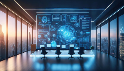 Poster - futuristic office with holographic display, showcasing glowing task icons and seamless workflow. ultra modern workspace offers stunning city view