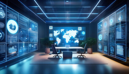 Poster - futuristic workspace featuring holographic display, glowing task icons, and seamless workflow environment. ultra modern design enhances collaboration and productivity
