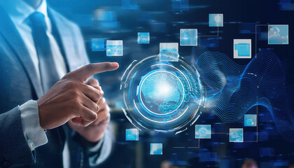 Poster - professional man interacts with floating holographic displays, showcasing advanced technology and team collaboration tools in virtual brainstorming hub. scene conveys innovation and connectivity