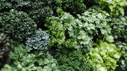  A vibrant assortment of fresh greens, showcasing various types of leafy herbs and vegetables.