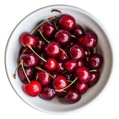 A bowl of ripe cherries with stems intact, isolated white background, cubism art style