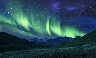 Wall Mural - A stunning night sky illuminated by the northern lights over a mountainous landscape.