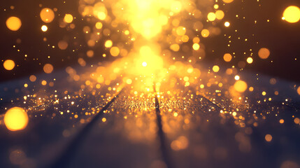 Poster - Sparkling Golden Bokeh Effect with Glowing Particles and Soft Light on a Wooden Surface for a Dreamy Background or Artistic Display