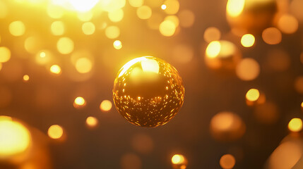 Poster - Glowing abstract background with floating golden spheres, bright orbs, and shimmering bokeh effects in a soft golden light atmosphere