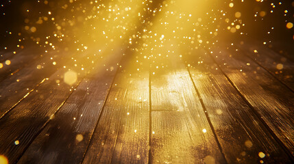 Poster - Magical golden light beams shining down on wooden floor creating a dreamy atmosphere filled with sparkles and bokeh effects for an enchanting environment