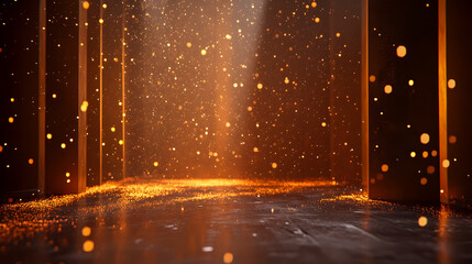 Poster - Glowing Particles in a Dark Room with Light Rays Illuminating the Floor and Surrounding Dust in an Artistic Abstract Environment