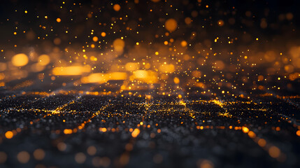 Poster - Abstract glowing particles floating over a dark textured surface creating a magical and dreamlike atmosphere with warm golden hues and soft bokeh effects