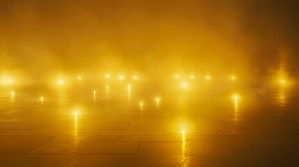 Poster - Soft Ambient Glow from Subtle Lights on a Reflective Surface in a Misty Golden Atmosphere for Artistic or Conceptual Backgrounds