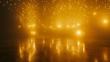 Poster - Enchanting scene of sparkling lights illuminating a misty room, creating a magical atmosphere with reflections on the shiny floor surface