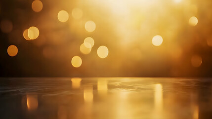 Poster - Golden Bokeh Background with Soft Light Effects and Reflections on a Smooth Surface for Elegant Design and Festive Themes