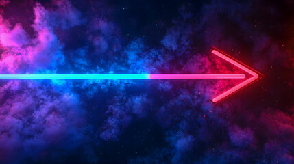 Poster - Vibrant Neon Arrow in Cosmic Space Surrounded by Colorful Cloud Patterns and Bright Stars, Symbolizing Movement and Direction