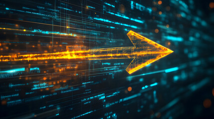 Poster - Futuristic Digital Arrow Moving Through Data Stream with Bright Orange and Blue Light in a Technology Background