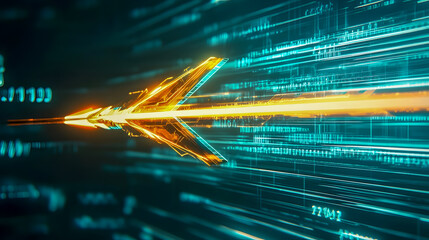 Poster - Futuristic Arrow Symbolizing Speed and Progress in Abstract Digital Space with Glowing Light Trails and Data Elements