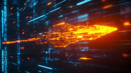 Poster - Futuristic glowing arrow-shaped object speeding through a digital landscape with vibrant neon colors and abstract lines creating a sense of motion and technology