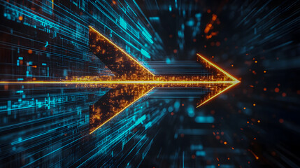 Poster - Dynamic Arrow Design with Futuristic Neon Light Effects and Data Flow Representing Speed Technology and Progress in Digital World Illustration