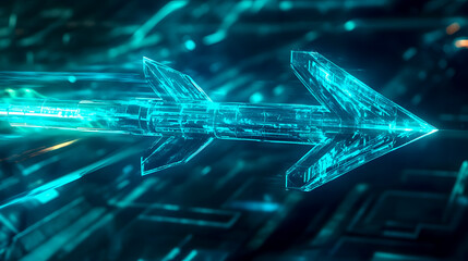 Poster - Futuristic Transparent Green Arrow Moving Through Digital Circuitry with Vibrant Light Effects and Glowing Lines Depicting Speed and Technology Advancement
