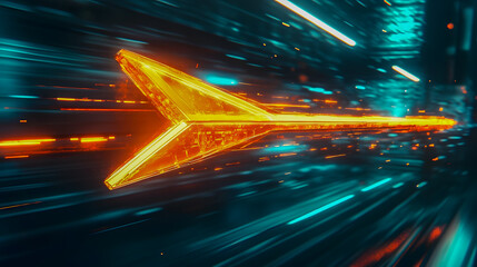 Poster - Futuristic Arrow Design with Glowing Trails in Motion, Representing Speed, Direction, and Digital Technology in a Vibrant Color Scheme