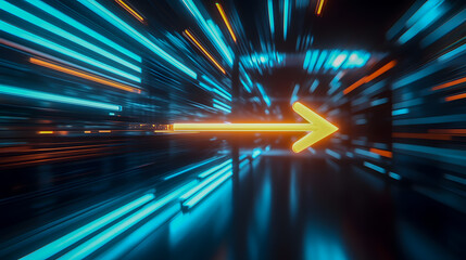 Poster - Dynamic Abstract Background with Bright Neon Lights and a Vibrant Arrow Direction Indicating Movement and Energy in a Futuristic Setting