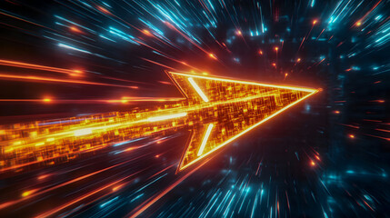 Poster - Abstract Neon Arrow Design with Bright Lights and Speed Effect Showcasing Movement and Technology in a Vibrant Digital Environment