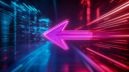 Poster - Neon Arrow with Bright Lights in Red and Blue Background Representing Directional Movement in a Futuristic Digital Environment