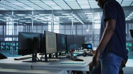 Poster - technician entering data center, tuning music on and starting work on ai predictive maintenance syst