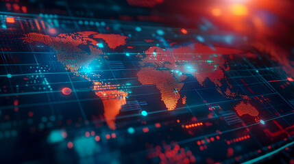 Poster - Abstract digital world map with glowing red and blue elements representing global connection and technology in a futuristic style