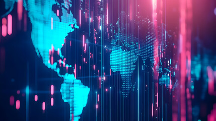 Poster - Futuristic Digital World Map with Neon Lights and Data Visualization Elements for Technology and Innovation Themes in Abstract Style