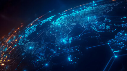 Poster - Futuristic Global Map with Digital Connections and Bright Blue Data Points Representing Technology and Networking Across Continents and Oceans