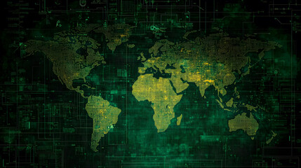 Poster - Abstract digital world map in shades of green with glowing lights and circuit pattern background representing technology and connectivity across continents