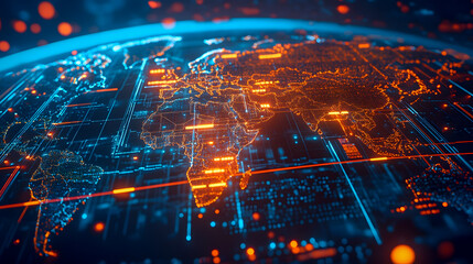 Poster - Futuristic Digital World Map with Bright Light Points Representing Global Data Connectivity and Technological Advancements Across Continents