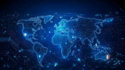 Poster - Futuristic World Map with Digital Circuitry Design Representing Technology and Global Connectivity in Blue Tone