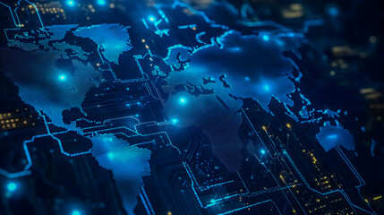 Poster - Futuristic Digital World Map with Network Connections, Illuminated Cities and Data Flow Visualization for Global Communication and Technology Themes
