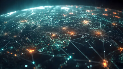 Poster - High-Resolution Digital Representation of Earth with Connected Nodes Illustrating Global Networking and Communication Technology Illuminated at Night