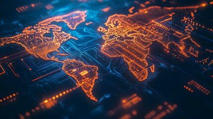 Poster - Futuristic Digital World Map with Glowing Circuit Patterns and Orange Lights on Dark Background Representing Global Connectivity and Technology