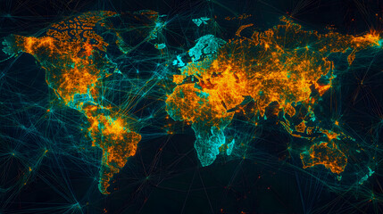 Poster - Brightly Lit World Map with Network Connections Illustrating Global Connectivity and Information Flow in the Digital Age