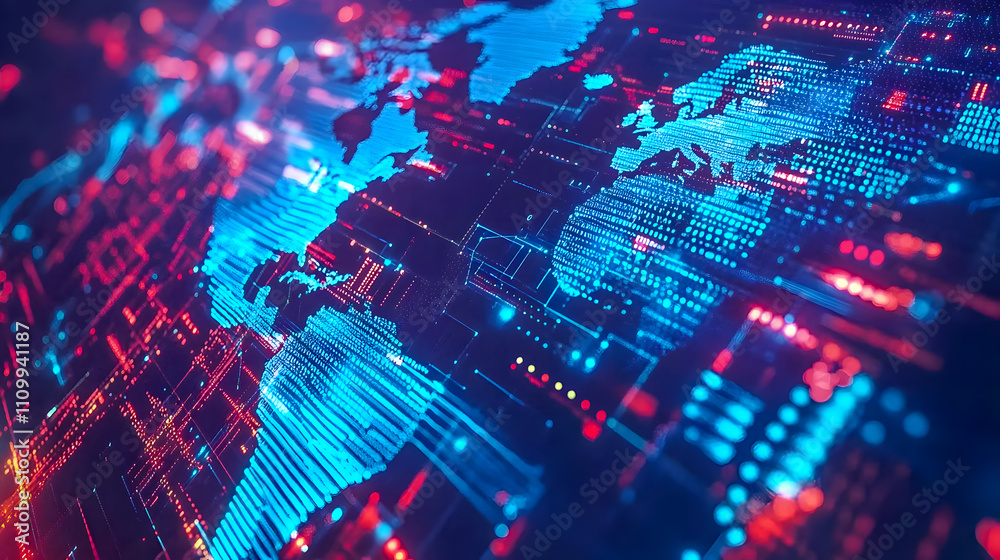 Abstract digital world map with glowing blue and red data lines ...