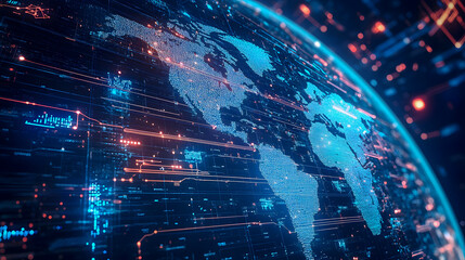 Poster - Abstract digital world map with glowing connections representing global technology and data transfer in a futuristic environment