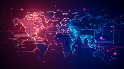 Poster - Abstract digital world map with glowing connections and data streams in vibrant colors on a dark background, representing global networking and technology