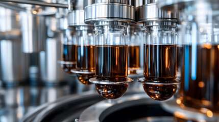 Poster - A close-up view of automated machinery filling glass vials with brown liquid in a modern industrial setting